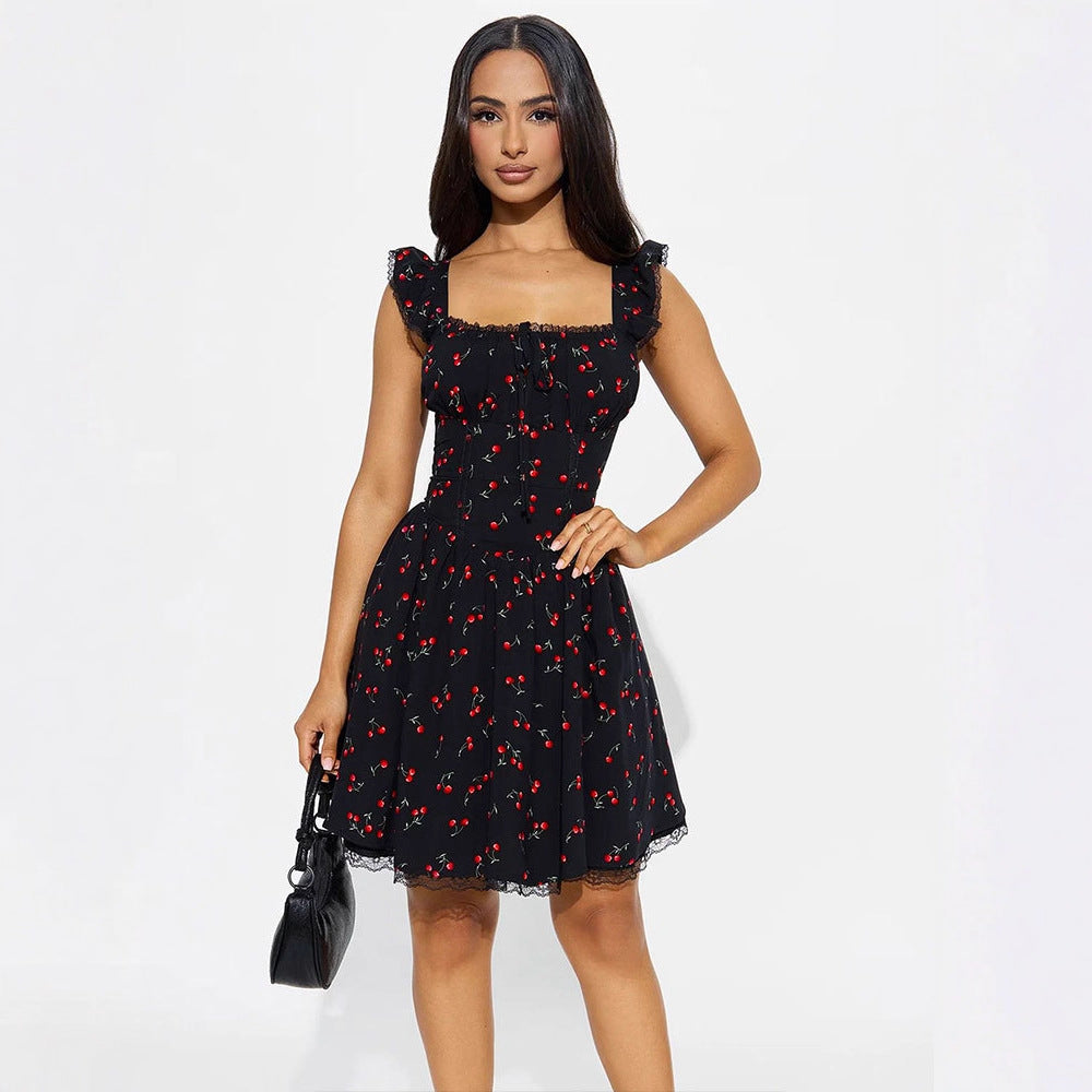 Damen Sommerkleid mit verspieltem Kirschmuster und Spitzenakzenten Drune