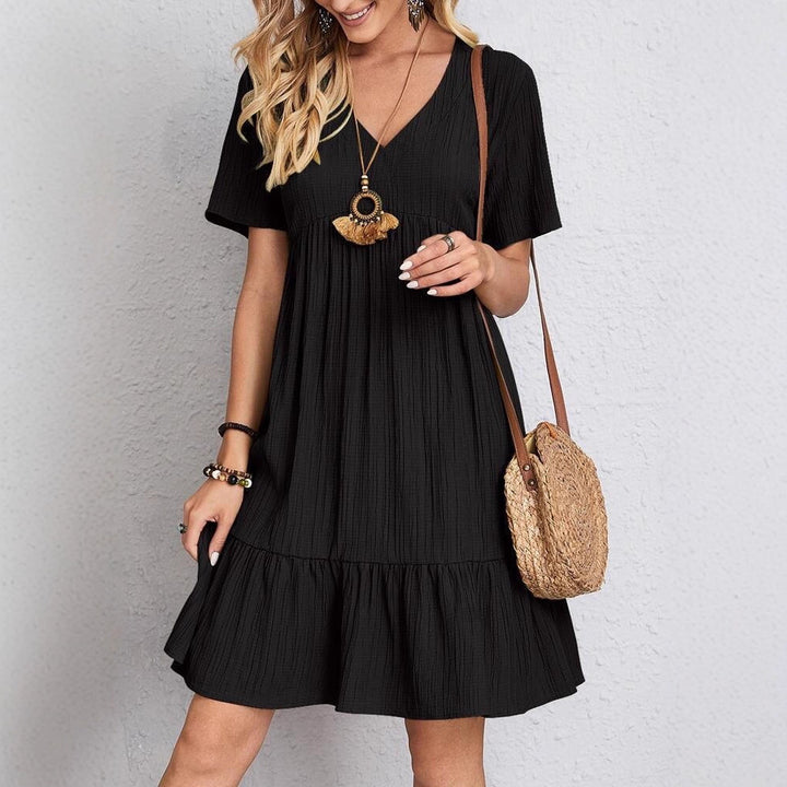 Damen nan Crinkle-Sommerkleid mit V-Ausschnitt, Empirenaht und Volant-Saum Drune