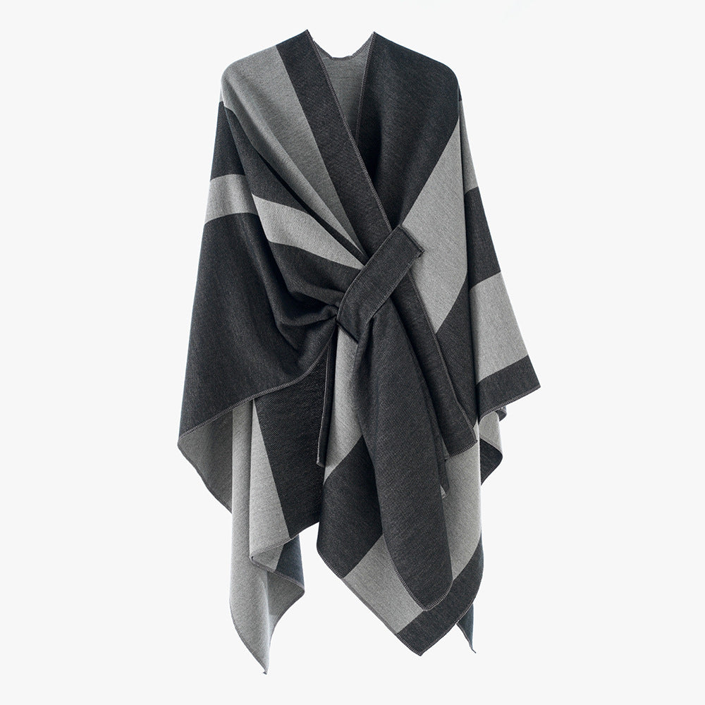 Damen Oversize-Cape mit Blockstreifen und Bindegürtel Drune