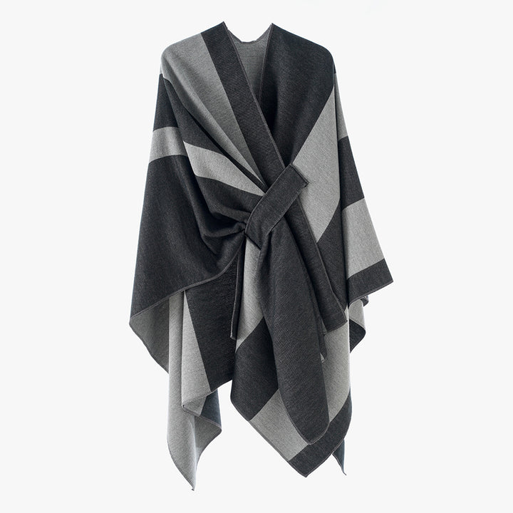 Damen Oversize-Cape mit Blockstreifen und Bindegürtel Drune