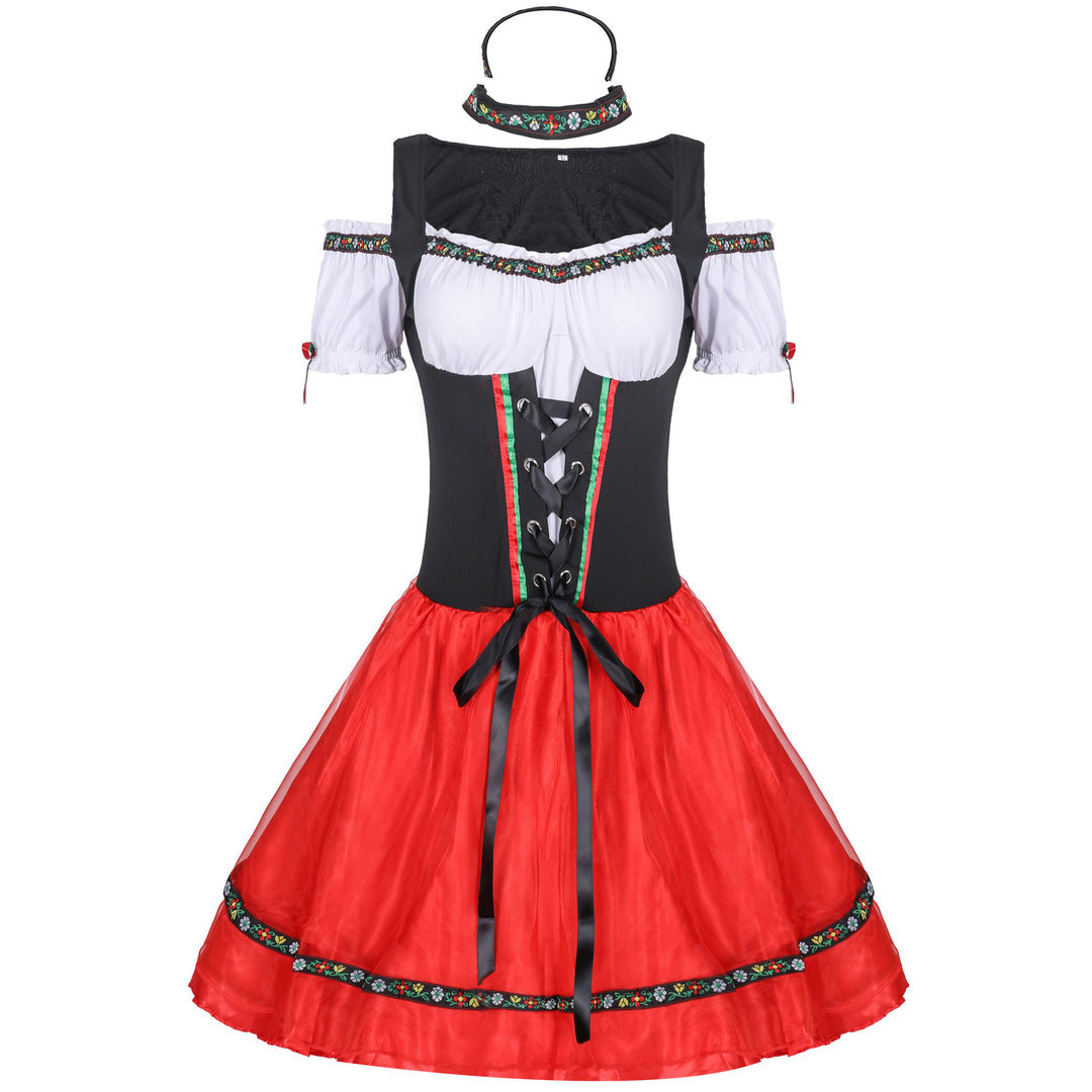 Damen nan folklorisches Kostümkleid mit off-shoulder Bluse Schnürkorsage und stufigem Tüllrock Drune