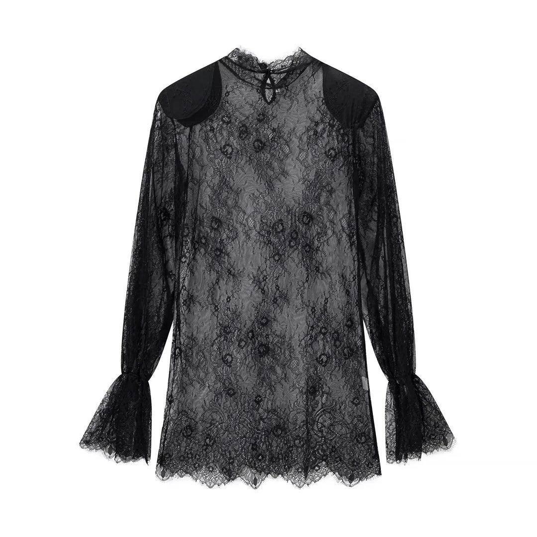 Damen nan transparente Spitzenbluse mit Stehkragen, Bindeschlüssel und Glockenärmeln Drune