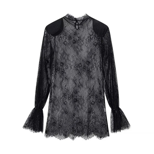 Damen nan transparente Spitzenbluse mit Stehkragen, Bindeschlüssel und Glockenärmeln Drune