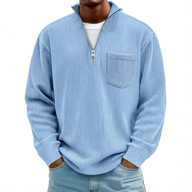 Herren Rippstrickpullover mit kurzem Reißverschluss und Brusttasche EB