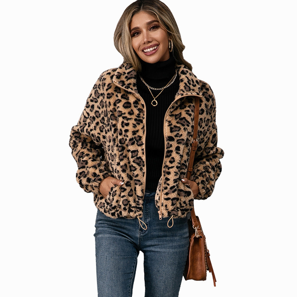 Damen Fleecejacke mit Leoparddruck und seitlichen Taschen Drune