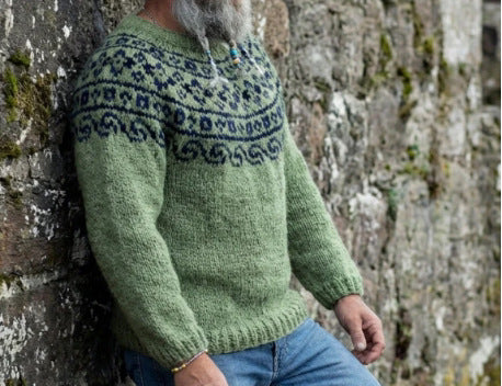 Damen nan melierter Rundhalsausschnittpullover mit kreisförmigem Jacquard-Yoke und geripptem Saum Drune