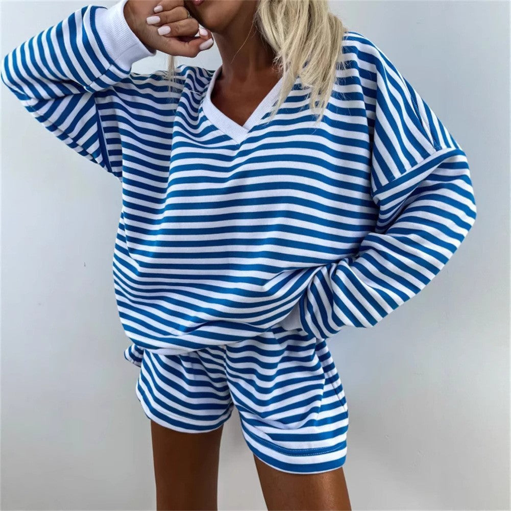 Damen lässiges V-Ausschnitt Sweatshirt und kurze Sporthosen Set Drune