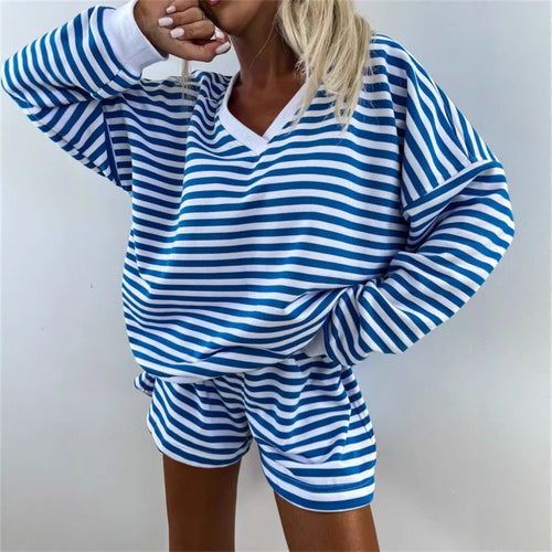 Damen lässiges V-Ausschnitt Sweatshirt und kurze Sporthosen Set Drune