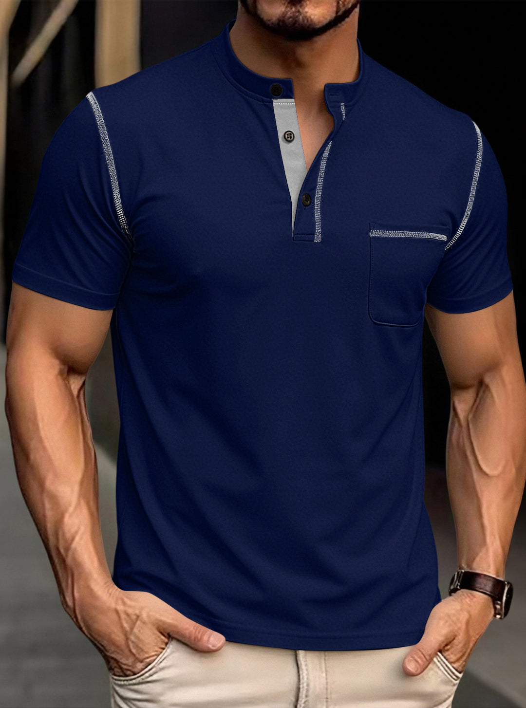 Herren nan modernes Kurzarm-Henley mit Stehkragen, Kontrastnähten und aufgesetzter Brusttasche Drune