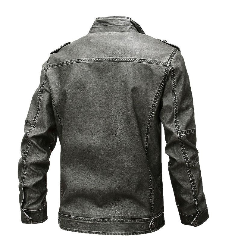 Herren Vintage-inspirierte Bikerjacke in Lederoptik mit Utility-Taschen und Stehkragen Drune