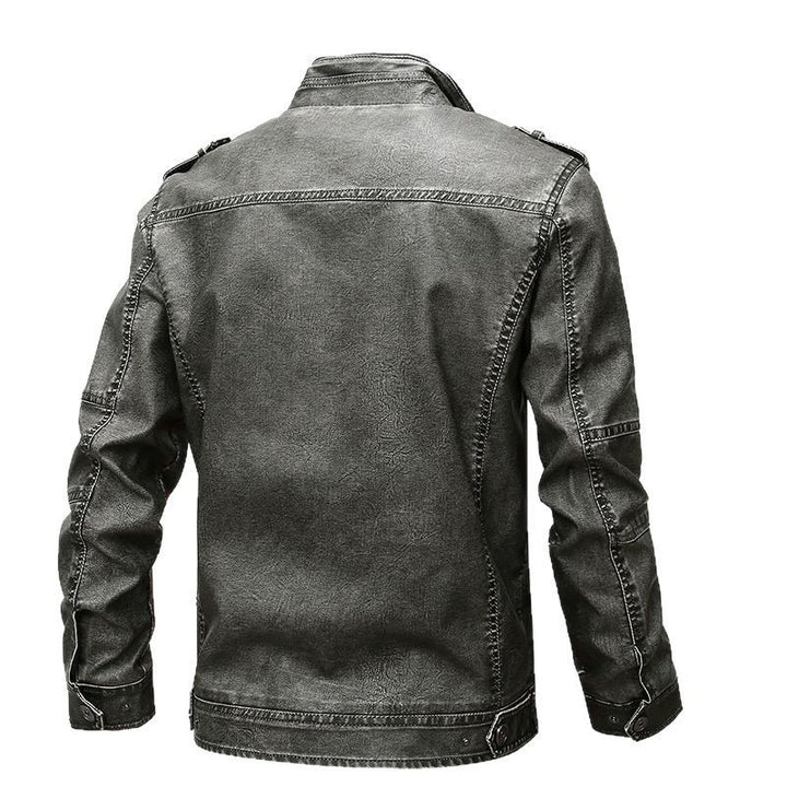 Herren Vintage-inspirierte Bikerjacke in Lederoptik mit Utility-Taschen und Stehkragen Drune