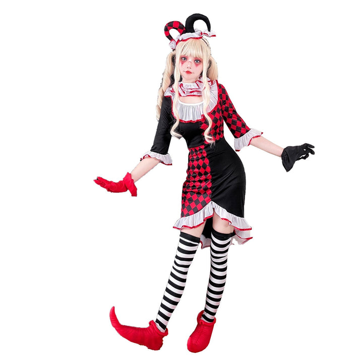 Mädchen Clownkostüm mit verspielt gestreiftem Strumpf und Hut Drune