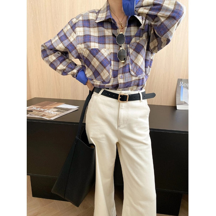 Damen karohemd mit oversized Schnitt und Brusttaschen Drune