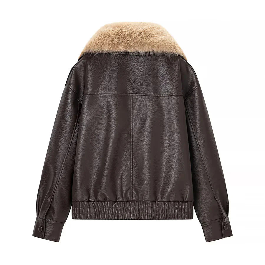 Damen nan kurz geschnittener Kunstleder-Blouson mit voluminösem Kunstfell-Schalkragen Drune