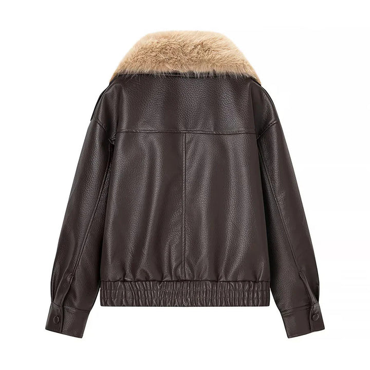Damen nan kurz geschnittener Kunstleder-Blouson mit voluminösem Kunstfell-Schalkragen Drune