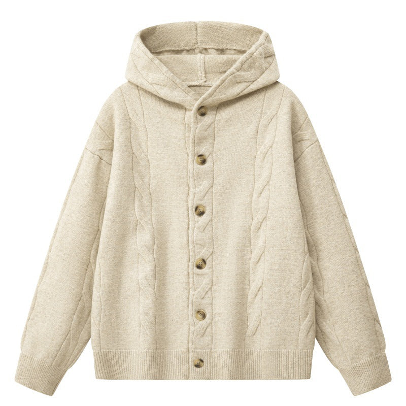 Damen Oversize-Kapuzen-Strickjacke mit Zopfmuster & Knopfleiste Drune