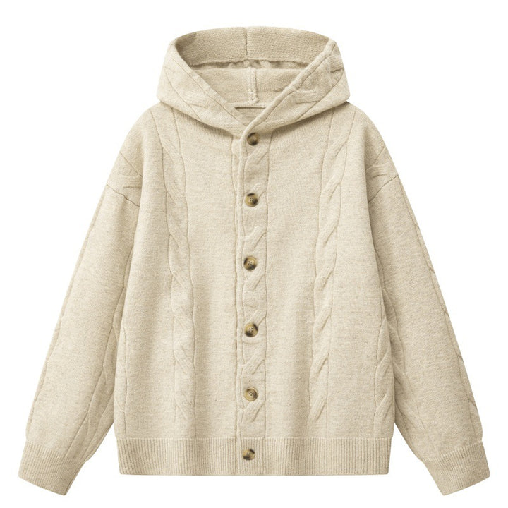 Damen Oversize-Kapuzen-Strickjacke mit Zopfmuster & Knopfleiste Drune