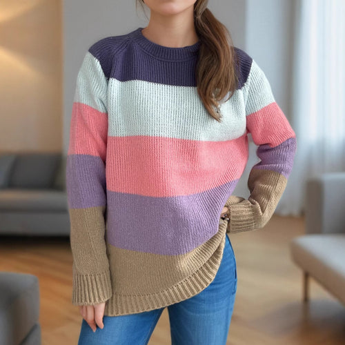 Damen lässiger Strickpullover mit bunten Blockstreifen und weitem Schnitt Drune