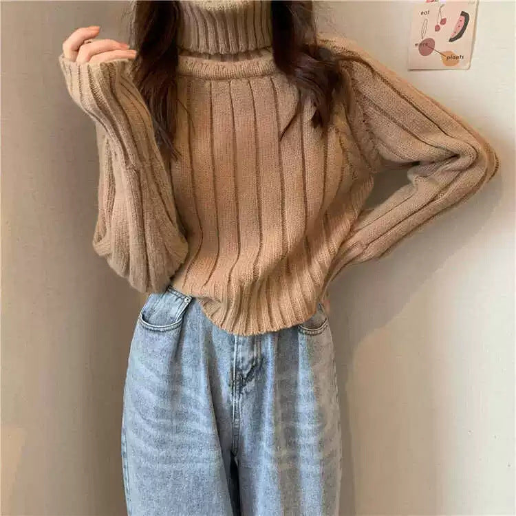 Damen lässiger Rollkragenpullover mit feinem Rippenmuster Drune