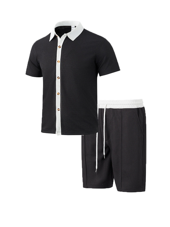 Herren nan modernes Freizeit-Set aus feinem Strukturjersey mit Hemdkragen-Knopfleiste und Kordel-Shorts Drune