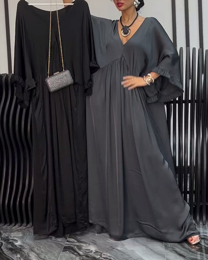 Damen nan Satinoptik Kaftan-Maxikleid mit V-Ausschnitt, geraffter Empirenaht und Volantsärmeln Drune