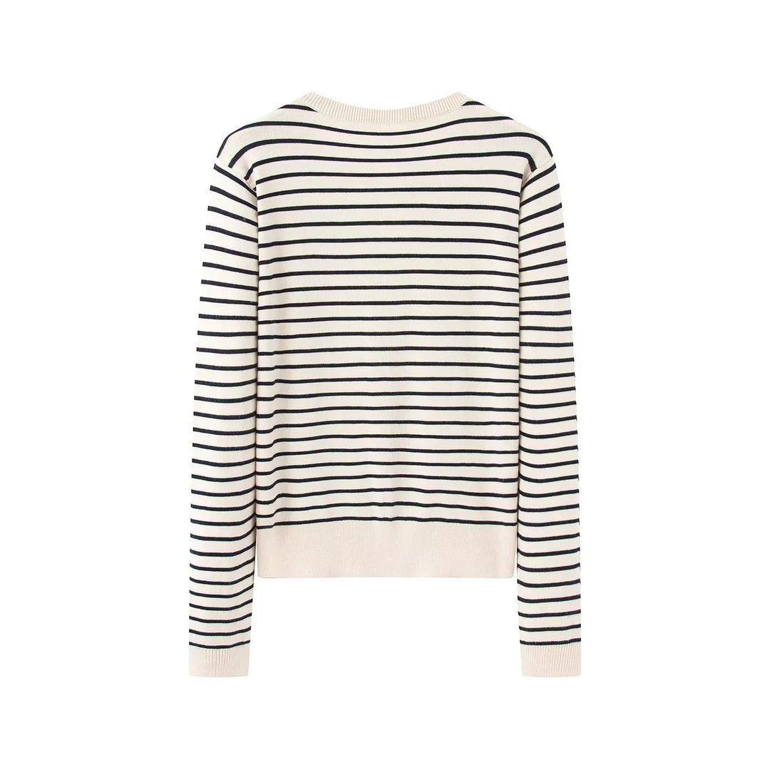 Damen nan gestreifte Feinstrick-Cardigan mit Rundhalsausschnitt und durchgehender Knopfleiste Drune