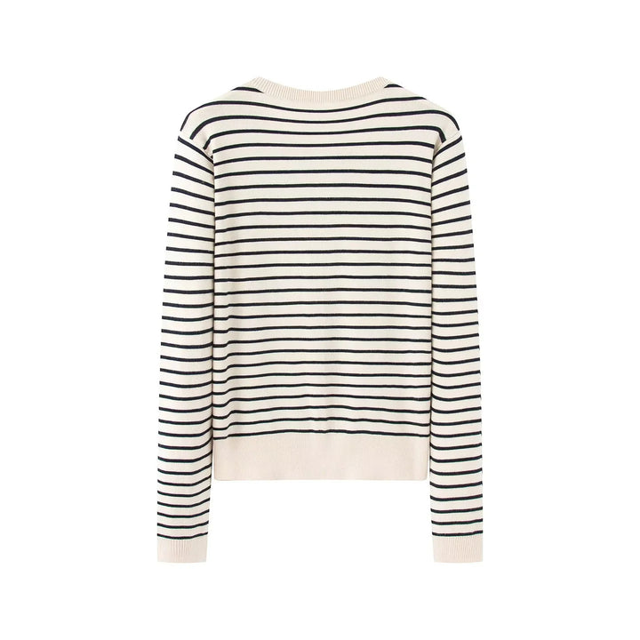 Damen nan gestreifte Feinstrick-Cardigan mit Rundhalsausschnitt und durchgehender Knopfleiste Drune