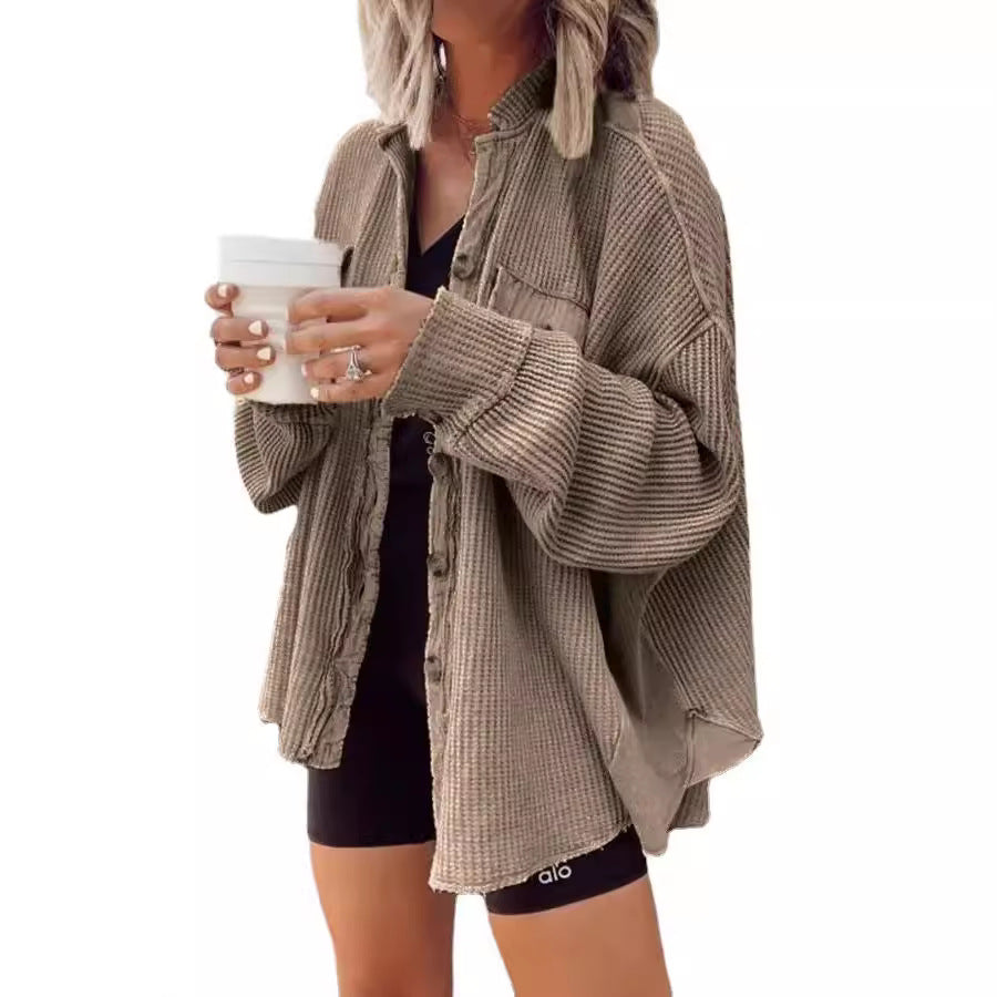 Damen Lässige Waffle-Strickjacke mit praktischen Taschen und Knopfdetails Drune