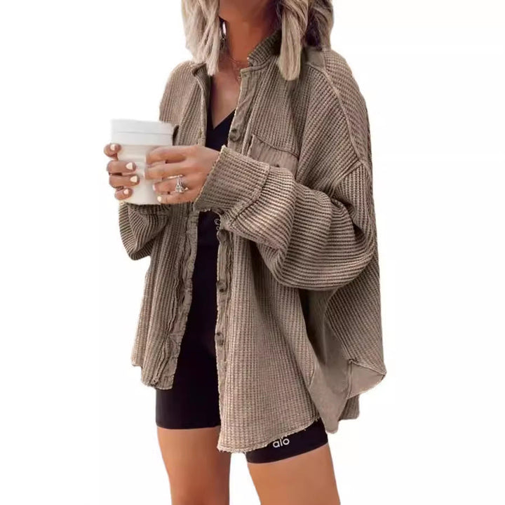 Damen Lässige Waffle-Strickjacke mit praktischen Taschen und Knopfdetails Drune