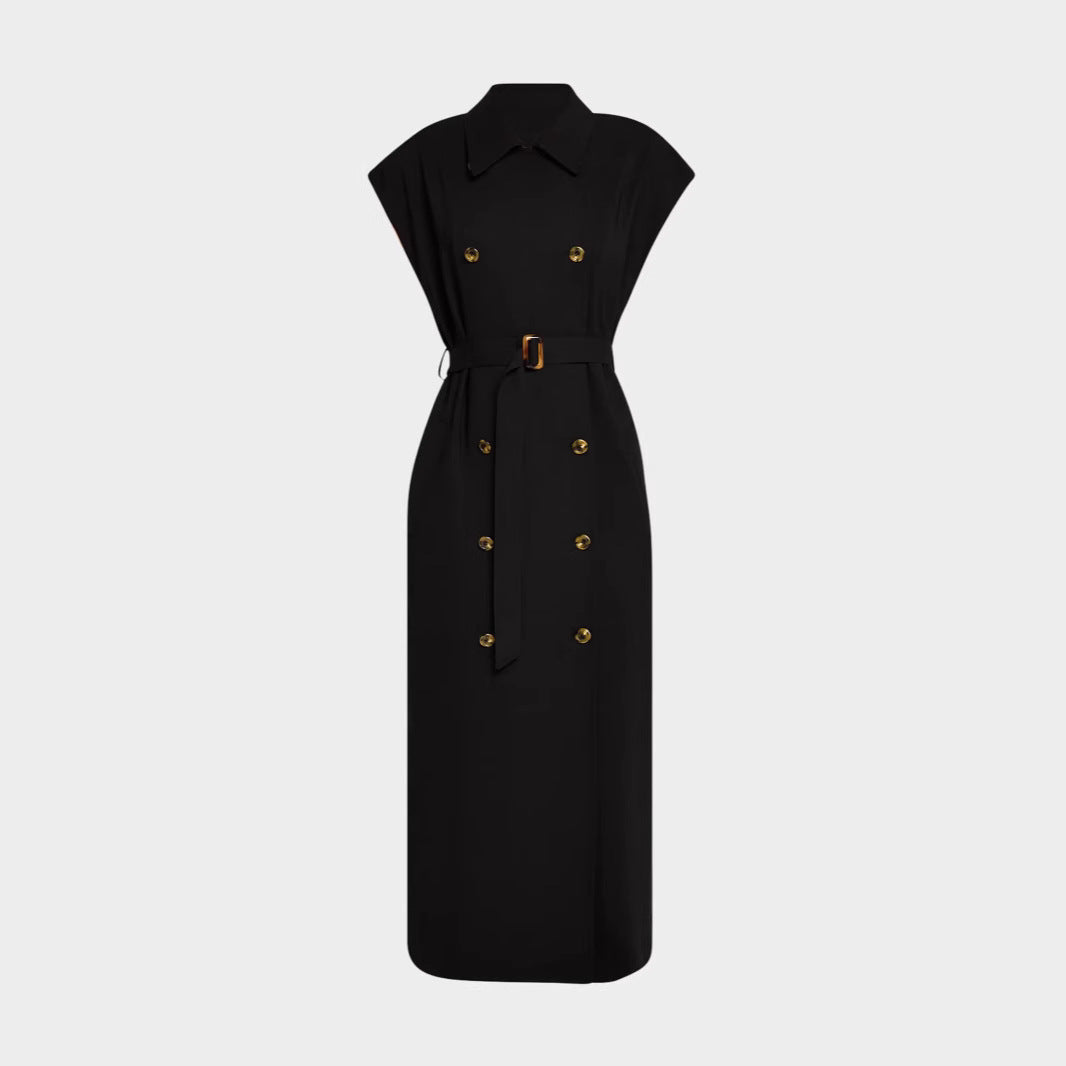 Damen Ärmelloses Doppelreiher-Midikleid mit Trench-Gürtel Drune