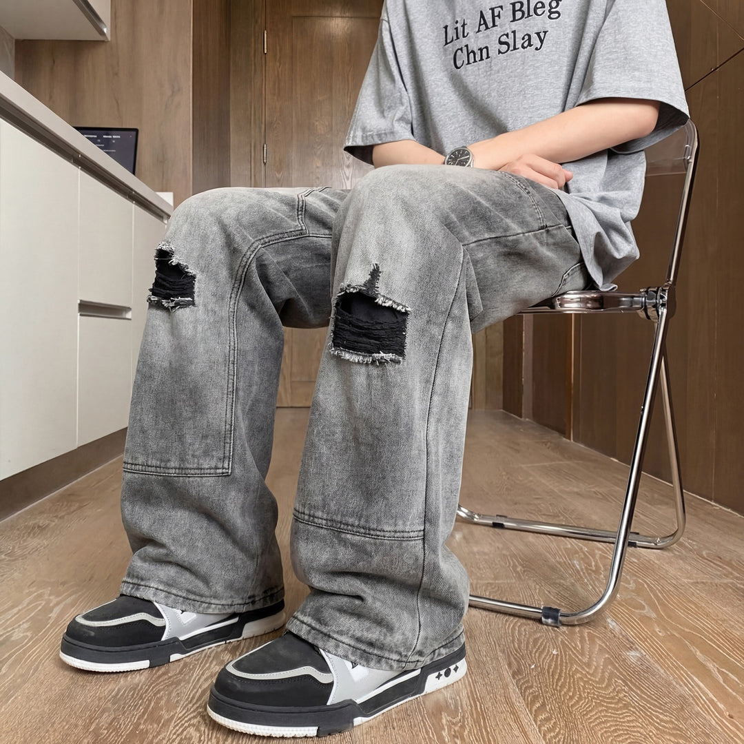 Herren Weite Baggy-Jeans mit Used‑Wash, Knie‑Rips & Utility‑Nähten Drune