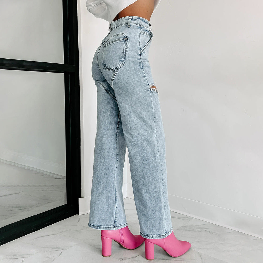 Drune | Lässige Nieten Ripped Straight Leg Damen Jeans