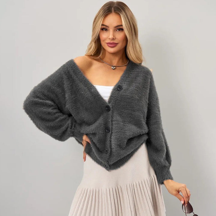Damen Flauschiger Cardigan mit tiefem V-Ausschnitt und Knopfdetails Drune