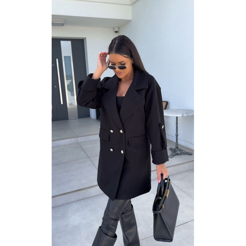 Damen modischer Oversized-Baumwollblazer mit doppelter Knopfleiste und praktischen Taschen Drune