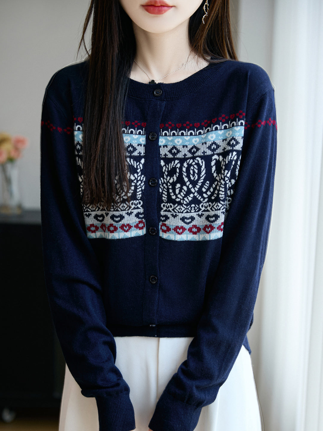 Damen Leichter Feinstrick-Cardigan mit nordischem Jacquardmuster und feiner Knopfleiste Drune