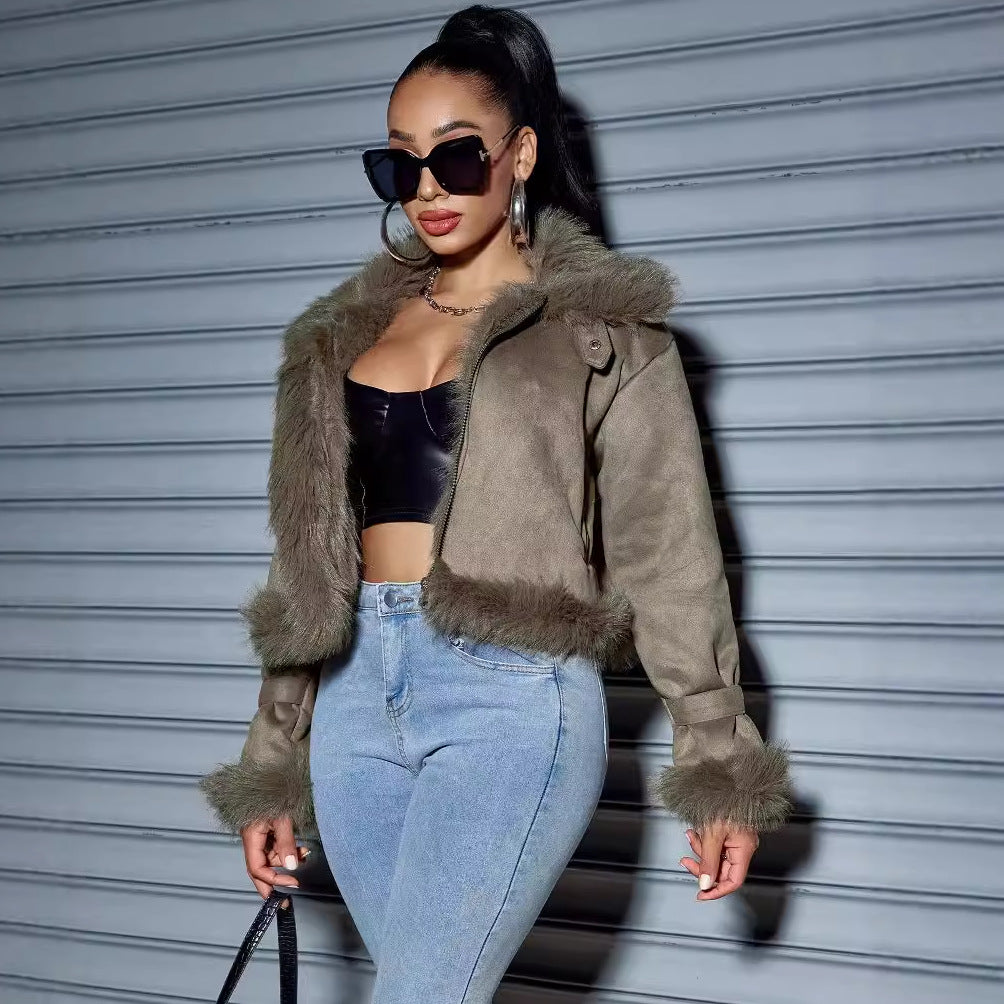 Damen Kurzjacke aus Wildlederoptik mit Fellbesatz, Kapuze & Reißverschluss Drune
