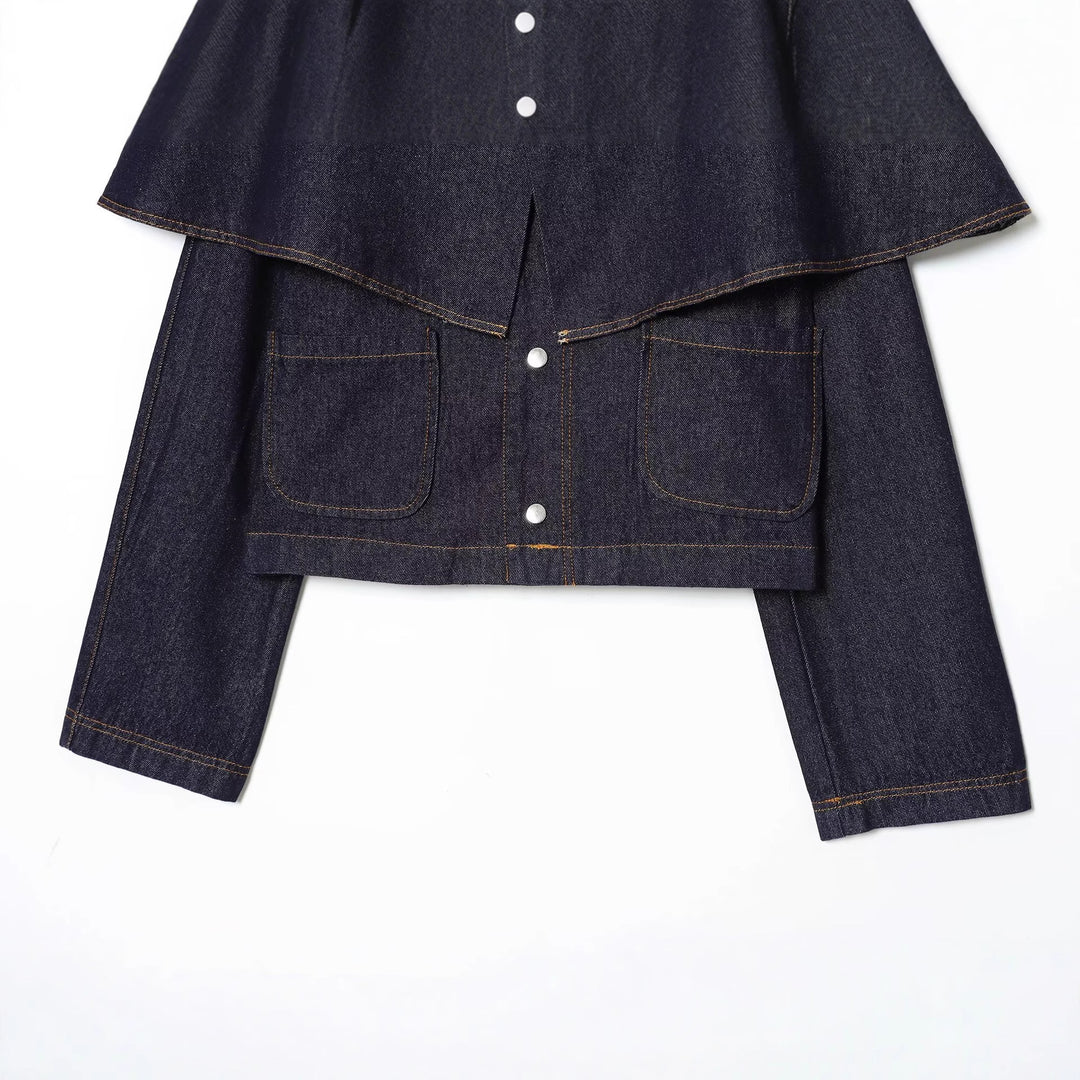 Damen Kurze Jeansjacke mit Cape‑Einsatz, Pattentaschen und Druckknöpfen Drune