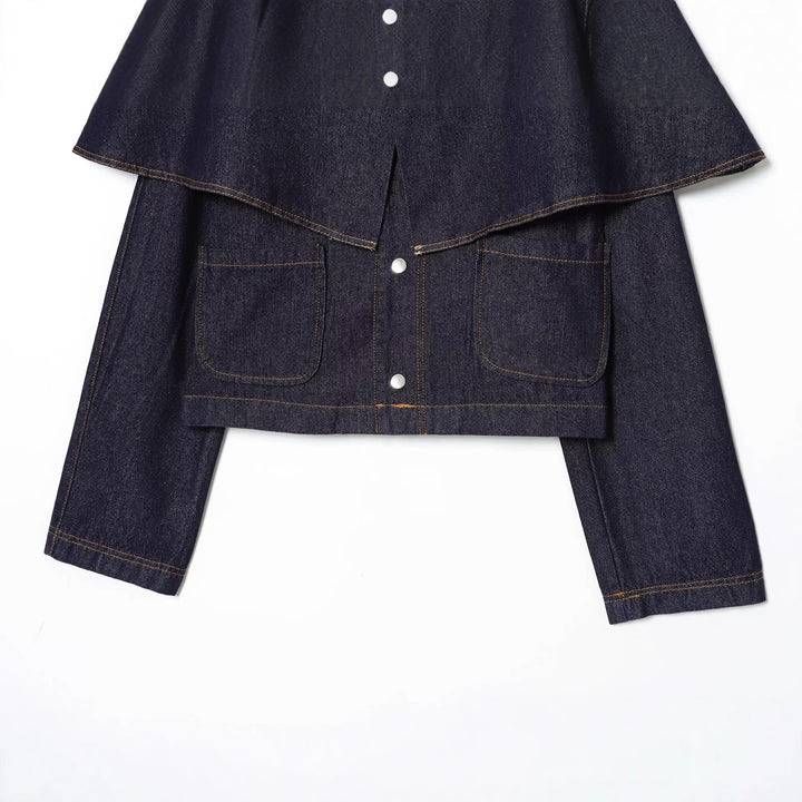 Damen Kurze Jeansjacke mit Cape‑Einsatz, Pattentaschen und Druckknöpfen Drune