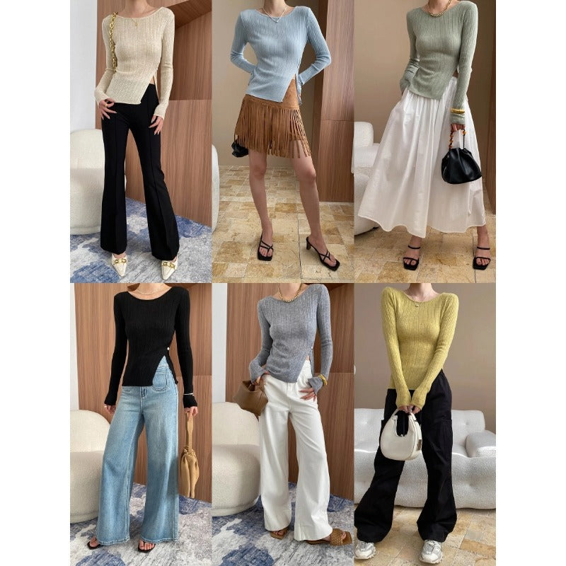Damen figurbetontes Langarmoberteil mit Rippstruktur und eleganten Akzenten Drune