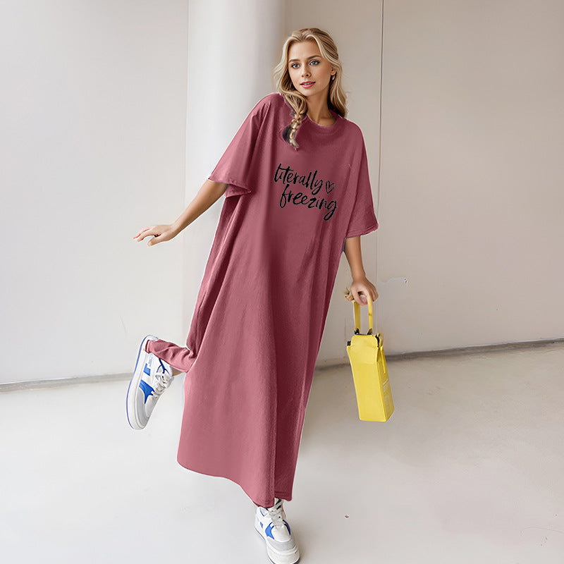 Damen nan locker geschnittenes Maxikleid mit großem Herzgrafikprint und Rundhalsausschnitt Drune