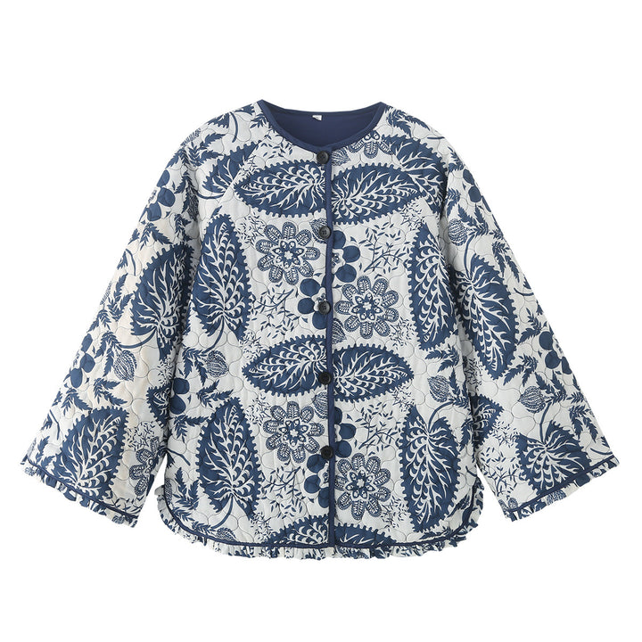 Damen nan gesteppte Steppjacke mit floralem Patchwork-Print, runder Knopfleiste und gerundetem Saum Drune