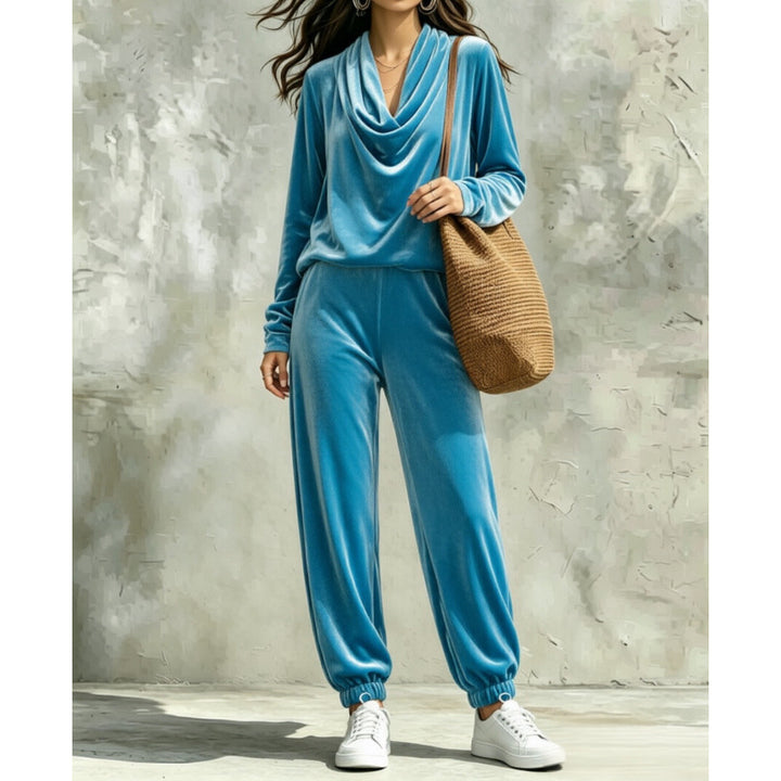 Damen Samt-Lounge-Set mit Wasserfallkragen und Jogger-Hose Drune