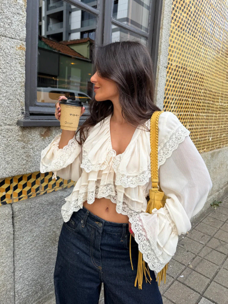 Damen Geraffte Spitzen‑Croptop‑Bluse mit Volants und V‑Ausschnitt Drune