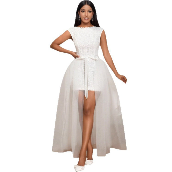 Damen Midi-Brautkleid mit verziertem Oberteil und transparentem Tüll Überrock Drune