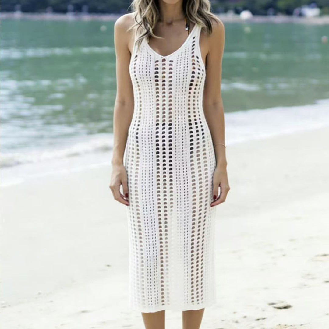 Damen Häkel-Maxikleid mit seitlichen Cut-Outs und elegantem V-Ausschnitt Drune