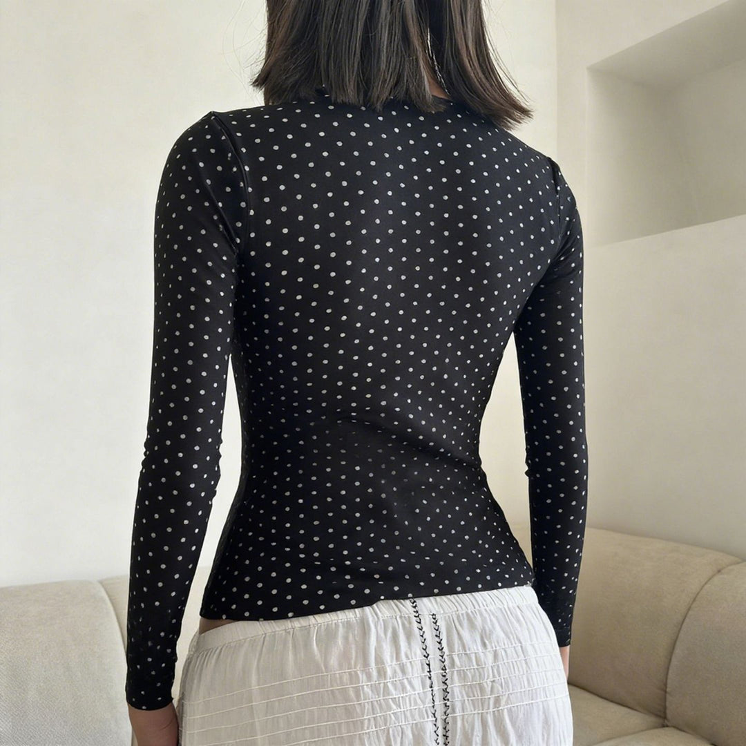 Damen nan taillierte Wickelbluse mit Polka‑Dot Muster, tiefem V‑Ausschnitt und breitem Taillenband Drune