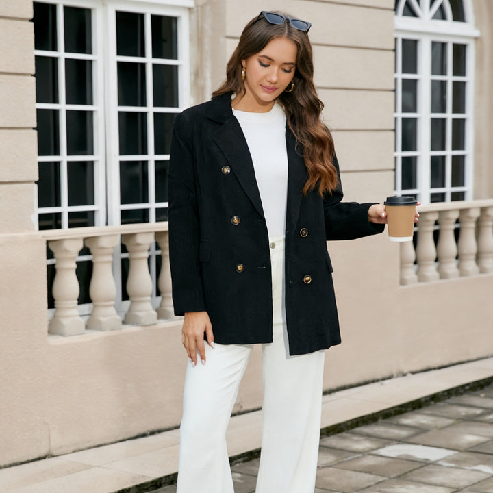 Damen Langer Cord-Blazer im Doppelreiher mit Reverskragen und Pattentaschen Drune