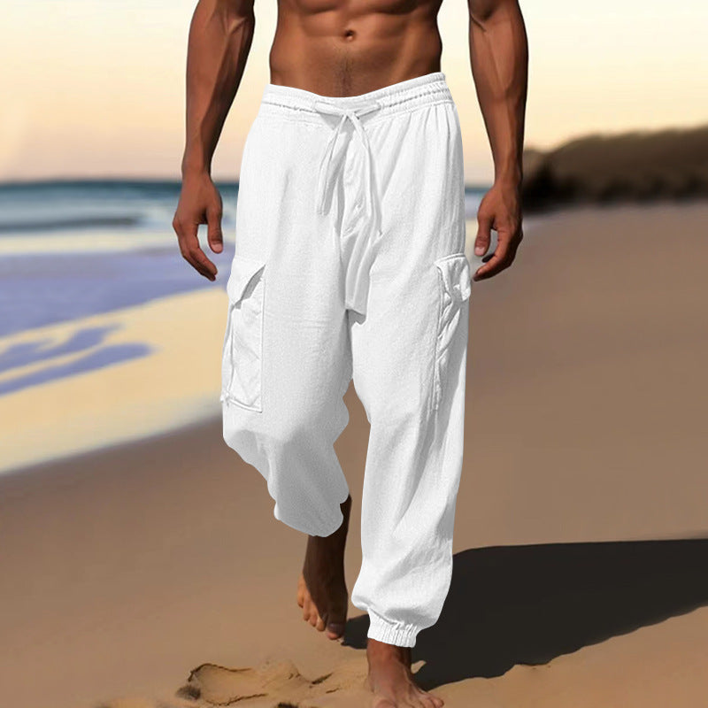 Herren nan luftige Leinen-Mix Strandhose mit Cargo-Taschen und elastischem Saum Drune