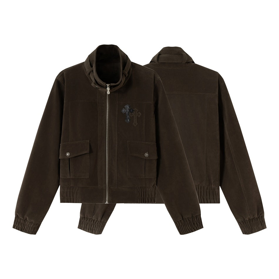 Herren Kurz geschnittener Velours‑Blousonjacke mit Funnelkragen, aufgesetzten Pattentaschen und Zierkreuz‑Applikation Drune