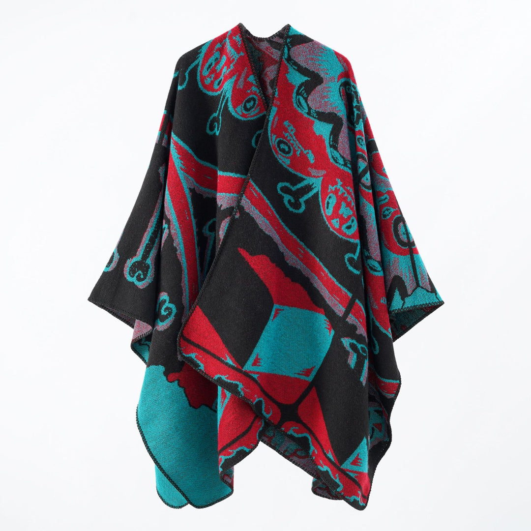 Damen Statement-Capeponcho aus jacquardgewebtem Wollmix mit Skull- und Knochenmuster Drune